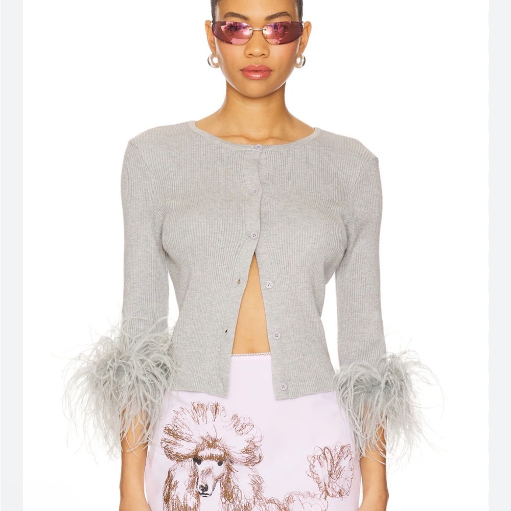 MILKWHITE Ribbed Button Cardigan With Feathers Sleeve Cuff Trim in Grey Revolve